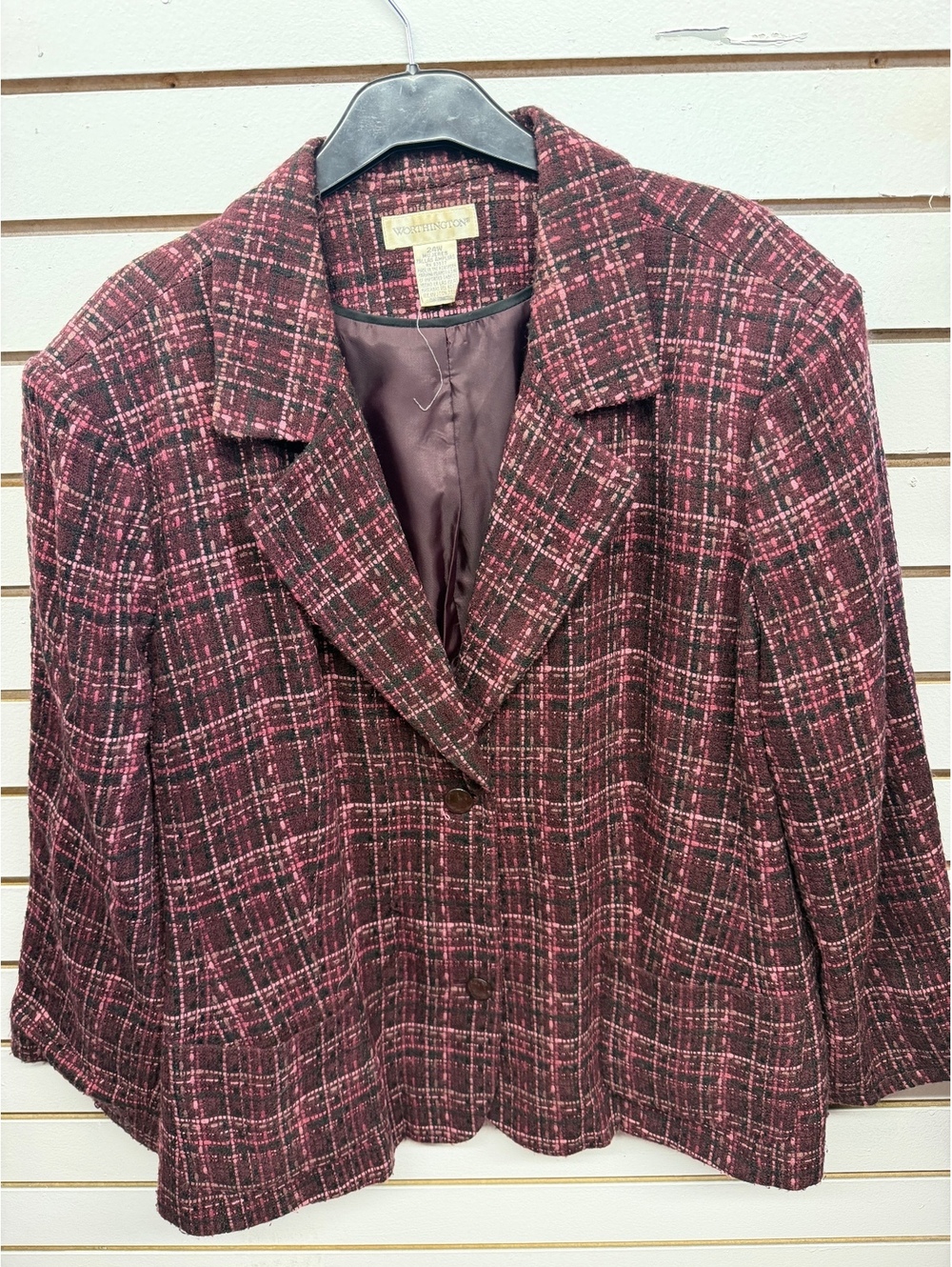 Worthington Women’s 24W Burgundy Pink Plaid Tweed Blazer Plus Size